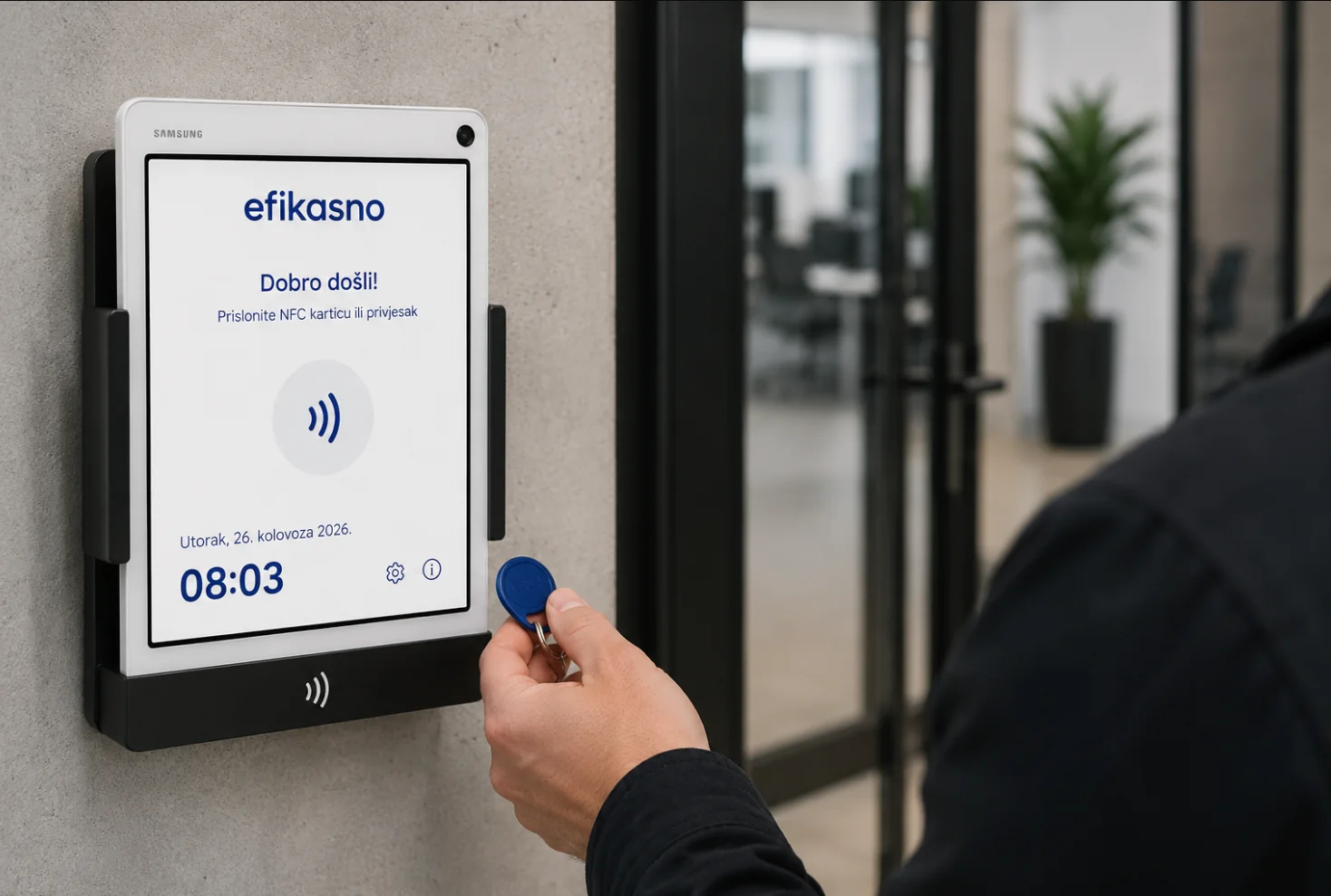 Djelatnik prislanja NFC privjesak terminalu Efikasno na poslovnom ulazu